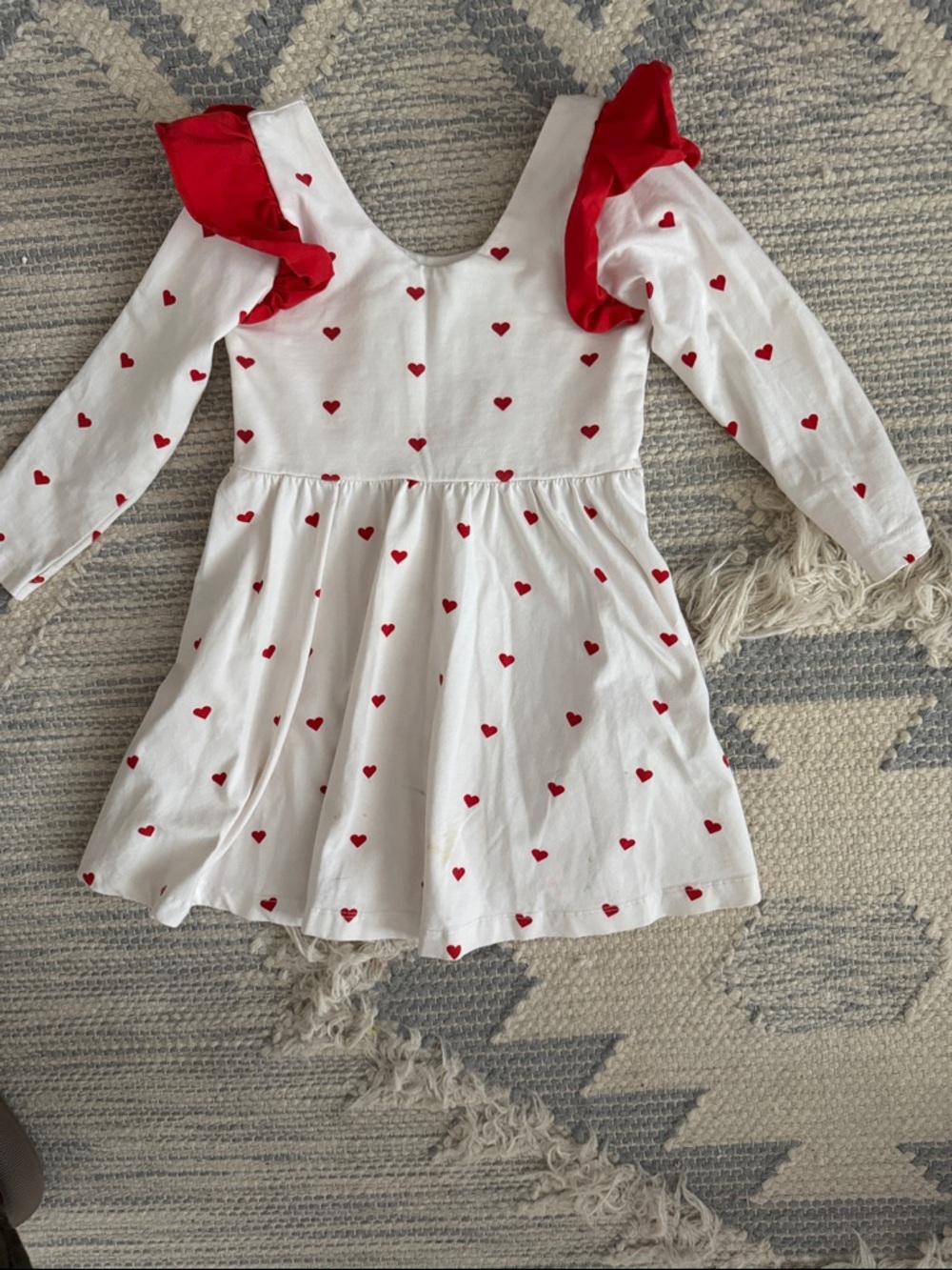 Monica & Andy White Girls' Heart-Print Dress with Red Ruffle Shoulders